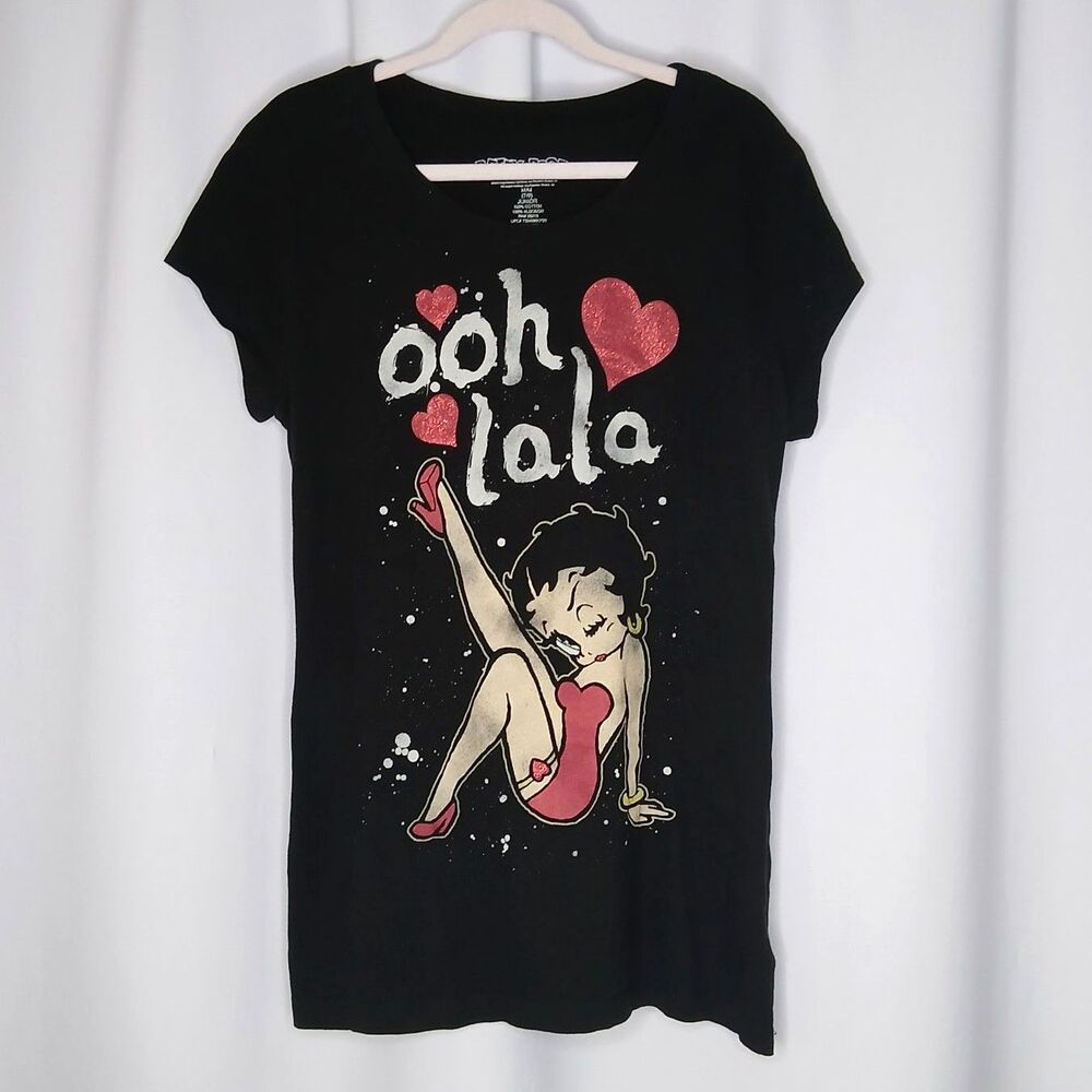 Betty Boop Graphic Print T Shirt Short Cap Slve Cotton Black Junior Womens Med